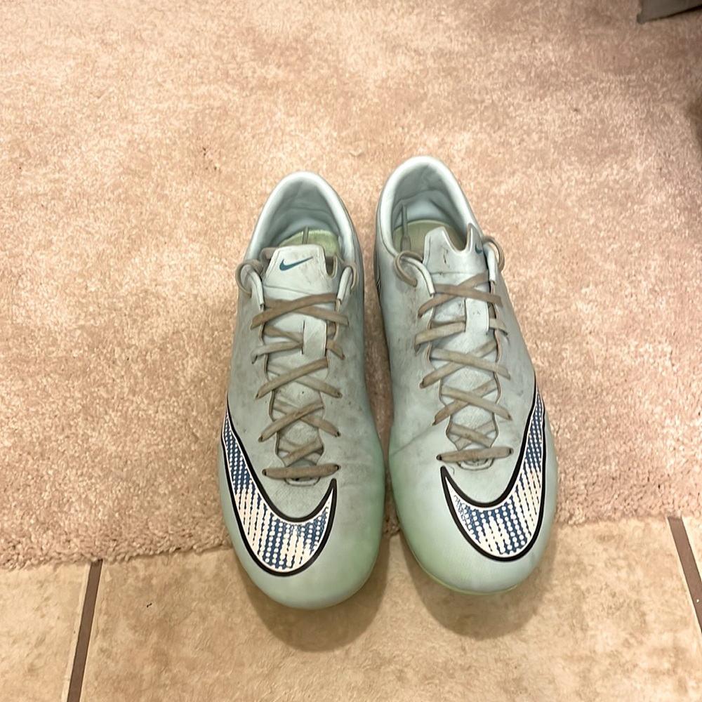 Old cleats, worn a few times, Nike mercurial, blue and green